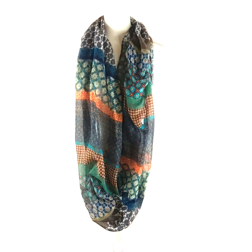 Infinity Scarf 68 X 20" Green Red Gray Stripe Summer Colors